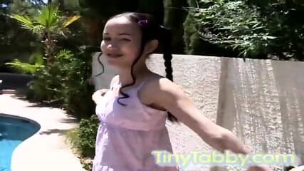 Tiny tabby teen solo teasing her clit